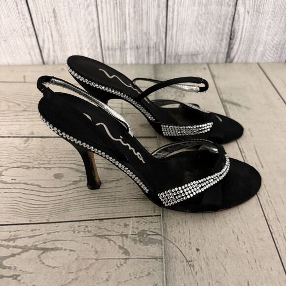 Vintage Nina Women's Size 6.5 Black Rhinestone Slingback Pumps 4" Heels 90s - Picture 4 of 7